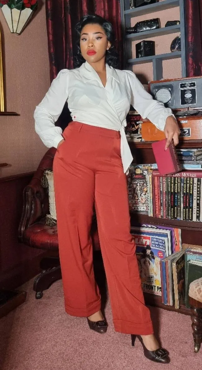 1930s and 40s Classic High Waist Wide Leg Trousers in Rust