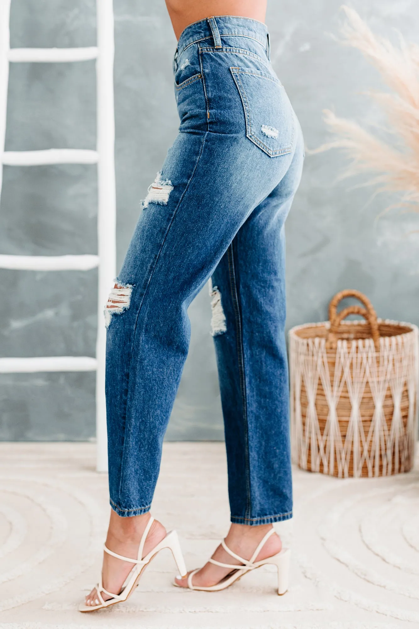 90's Nostalgia High Rise Distressed Straight Leg Sneak Peek Jeans (Medium Dark)