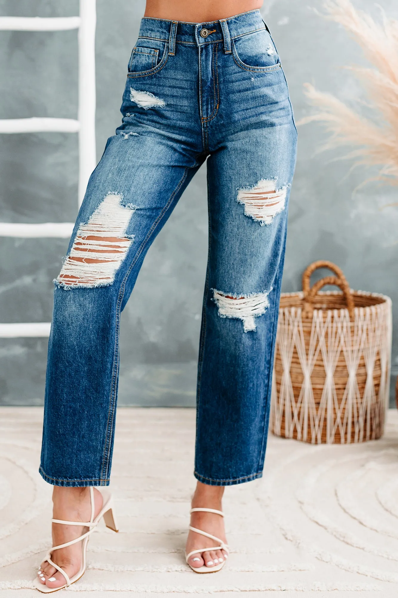 90's Nostalgia High Rise Distressed Straight Leg Sneak Peek Jeans (Medium Dark)