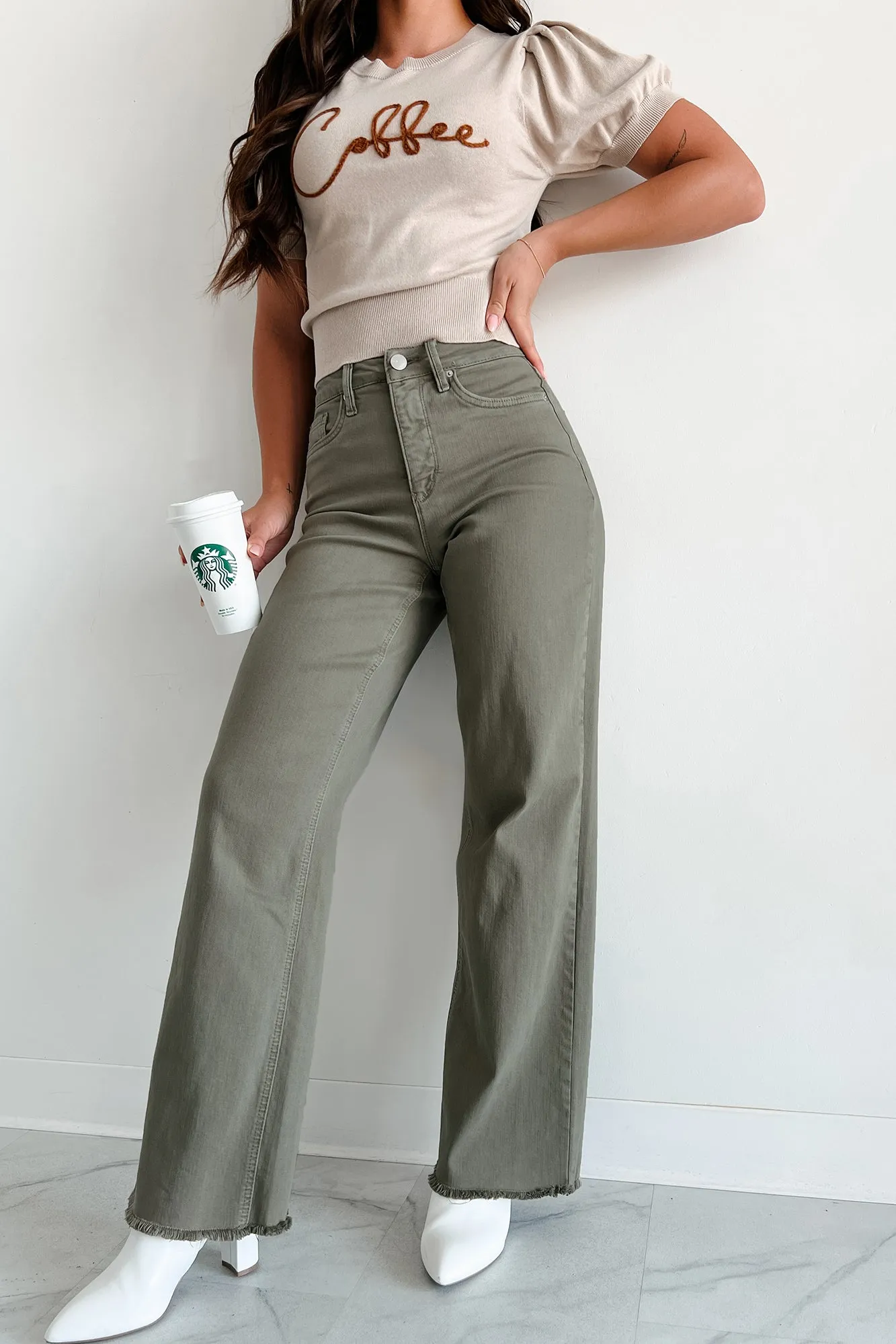 Afton Wide Leg Frayed Hem YMI Jeans (Olive)