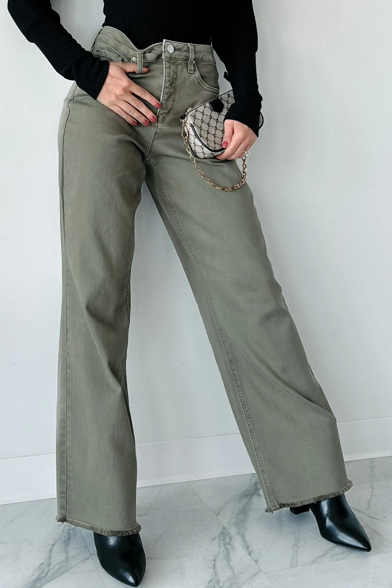 Afton Wide Leg Frayed Hem YMI Jeans (Olive)