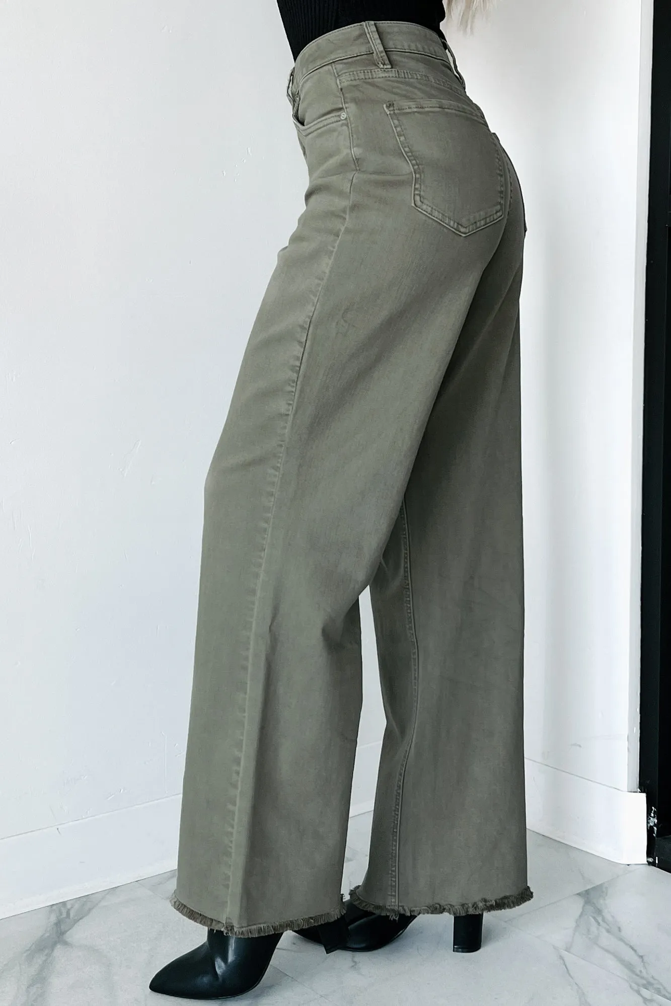 Afton Wide Leg Frayed Hem YMI Jeans (Olive)