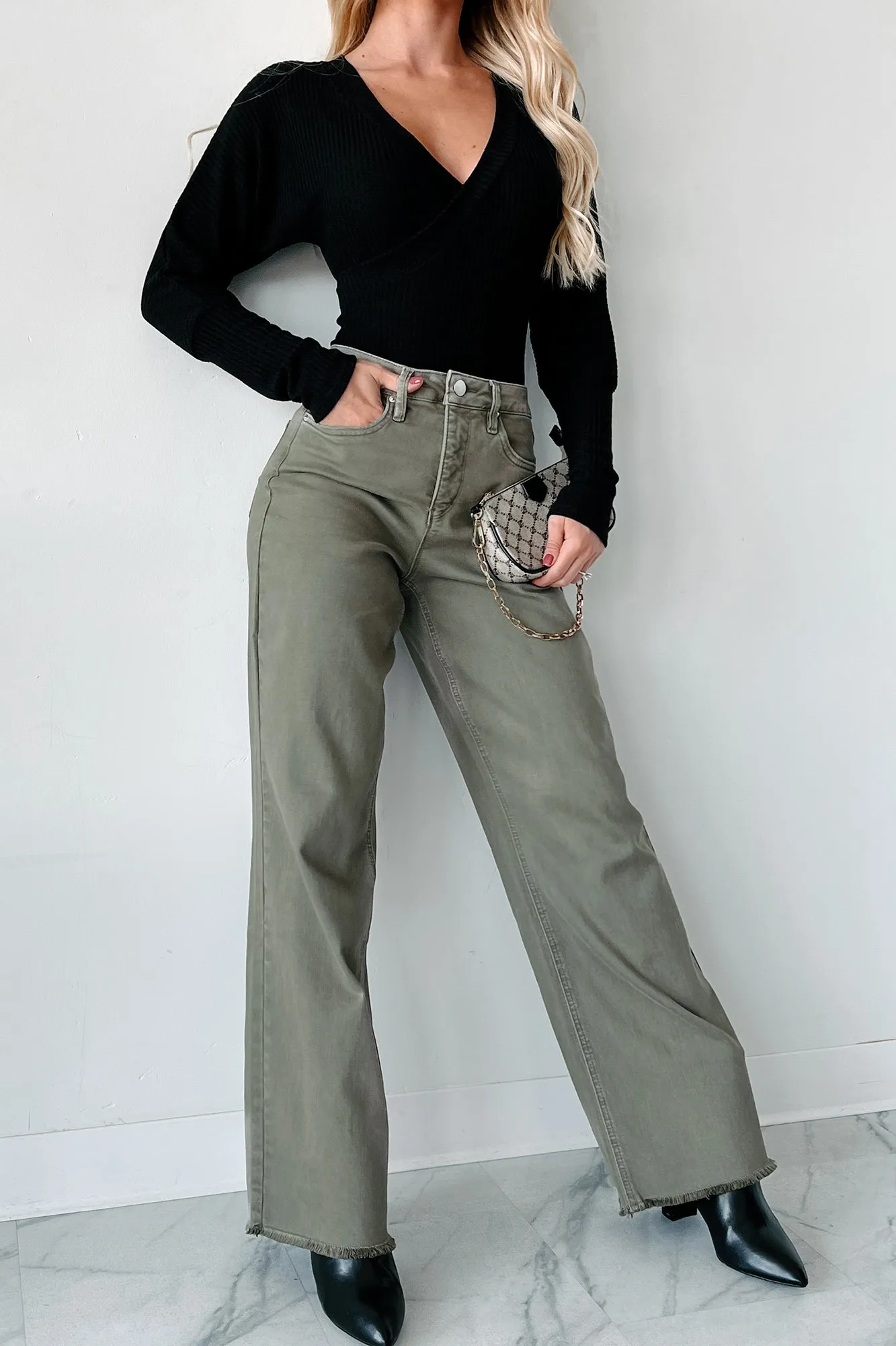 Afton Wide Leg Frayed Hem YMI Jeans (Olive)