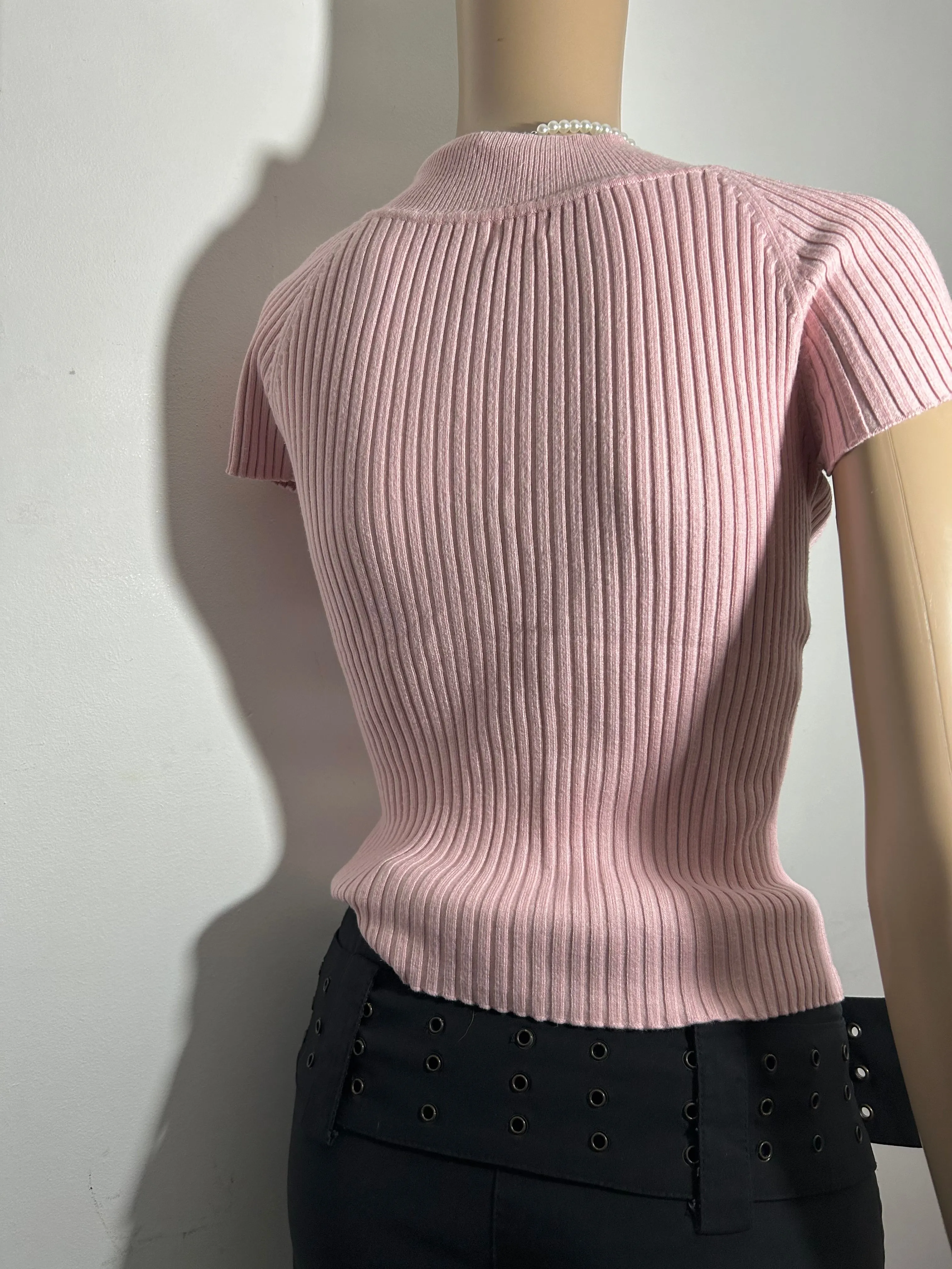 Baby pink stretchy ribbed y2k knitted  tee (S/M)