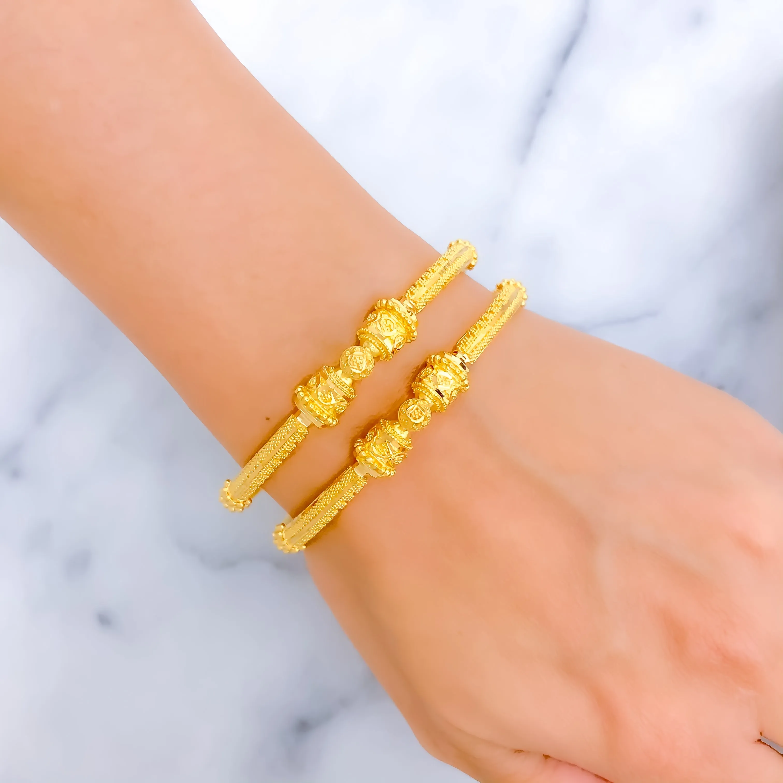 Exquisite Beaded 22K Gold Pipe Bangles - Elegant Palatial Design