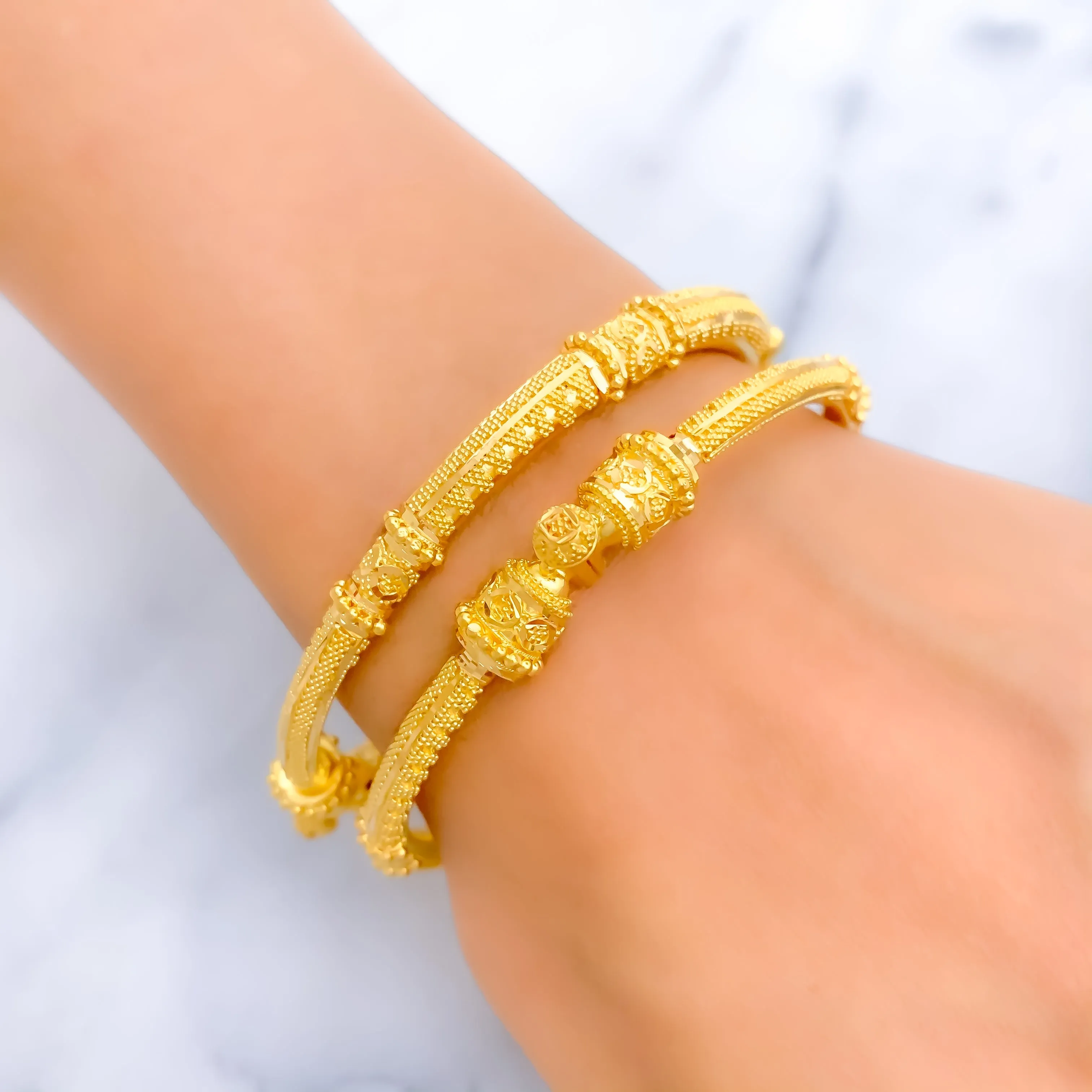 Exquisite Beaded 22K Gold Pipe Bangles - Elegant Palatial Design