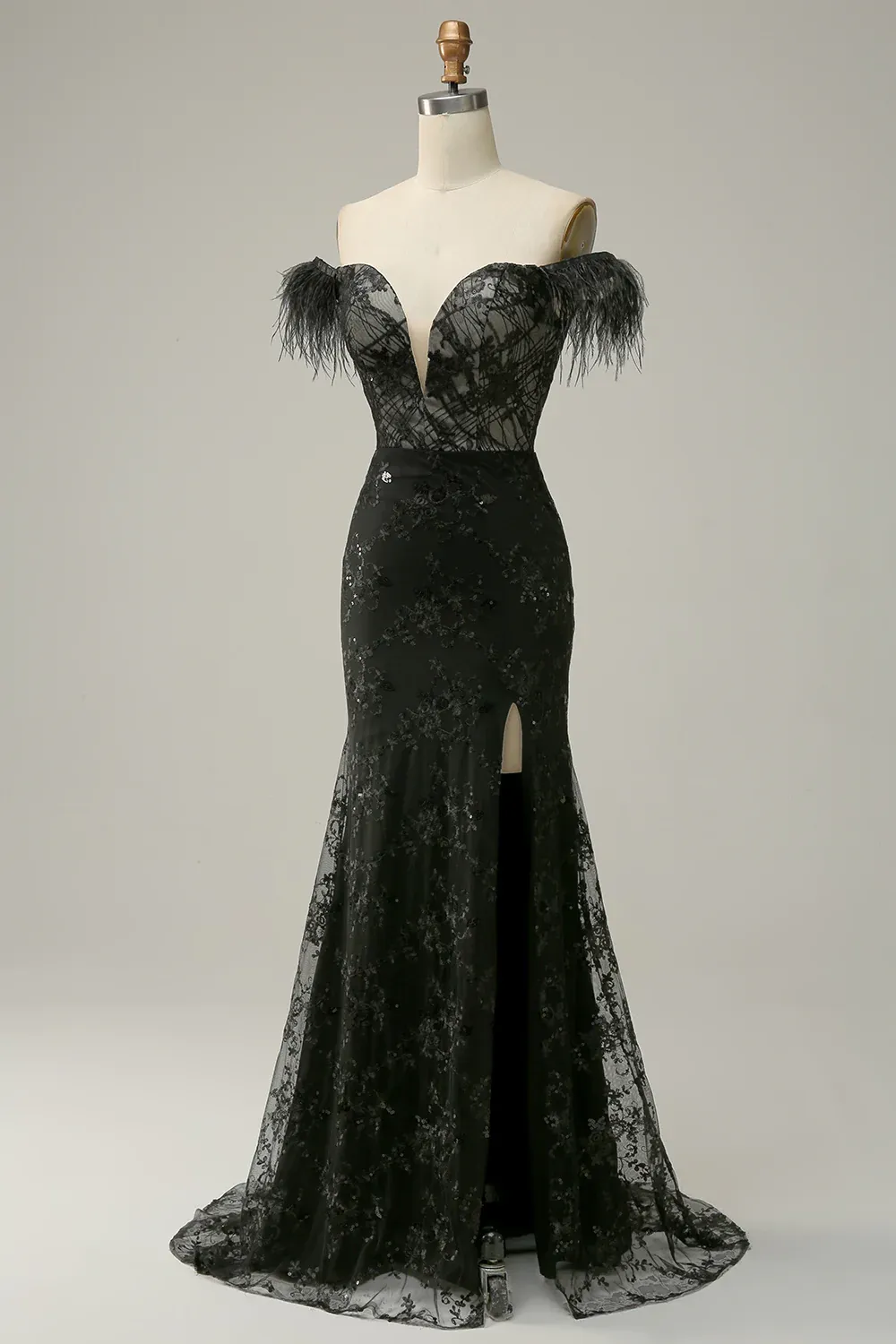 Black Off-The-Shoulder Mermaid Long Prom Dress with Feather,DP1522