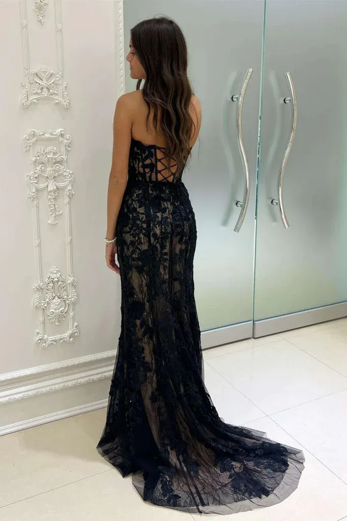 Black Sheer Strapless Tulle Appliques Mermaid Long Prom Dress,DP988