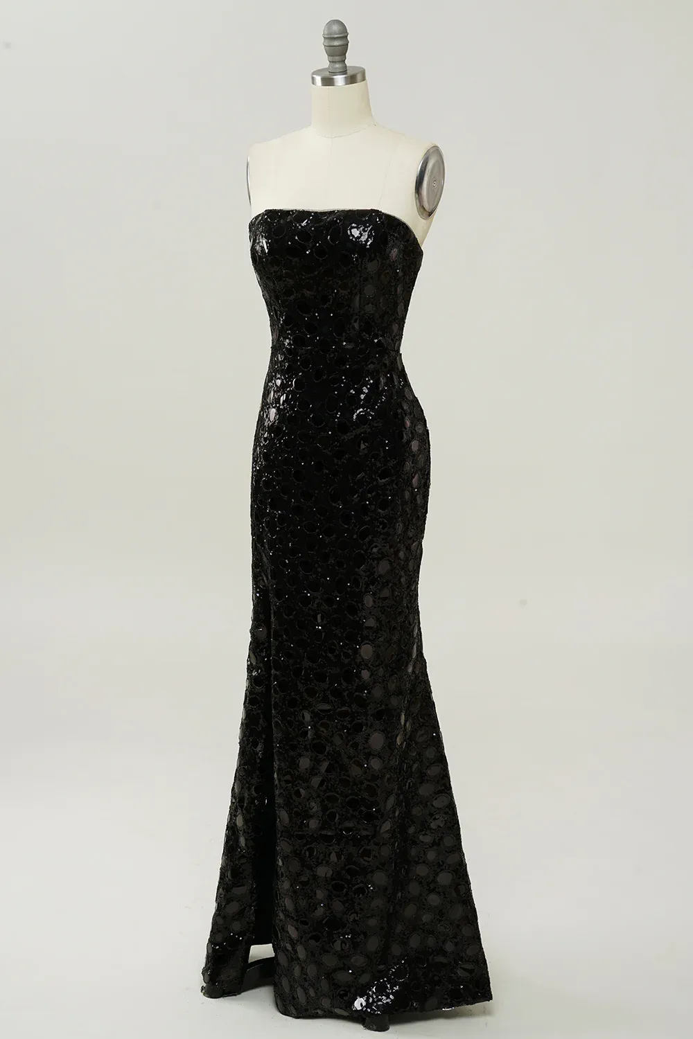 Black Strapless Sequined Mermaid Long Prom Dress with Slit,DP1525