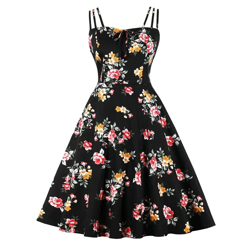 Bow Vintage Floral Party Cami Dress, Spaghetti Strap Cotton Retro Dress