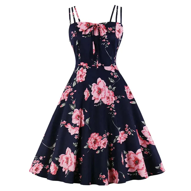 Bow Vintage Floral Party Cami Dress, Spaghetti Strap Cotton Retro Dress