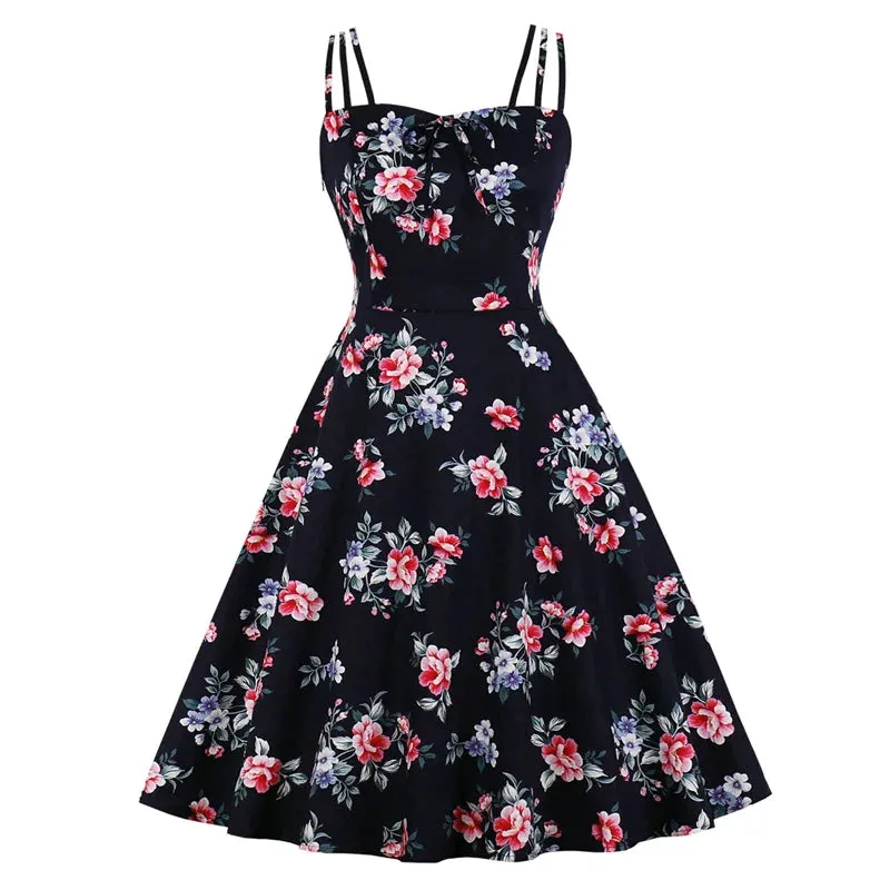 Bow Vintage Floral Party Cami Dress, Spaghetti Strap Cotton Retro Dress