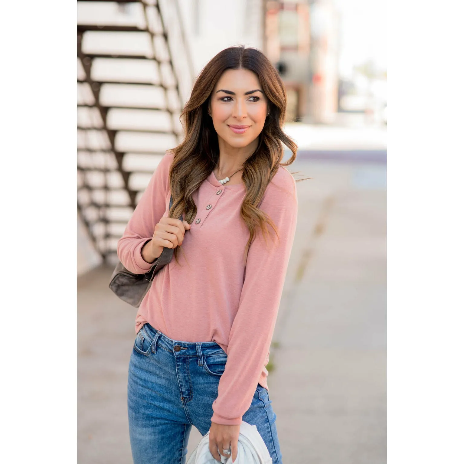 Button Up Heathered Long Sleeve Tee