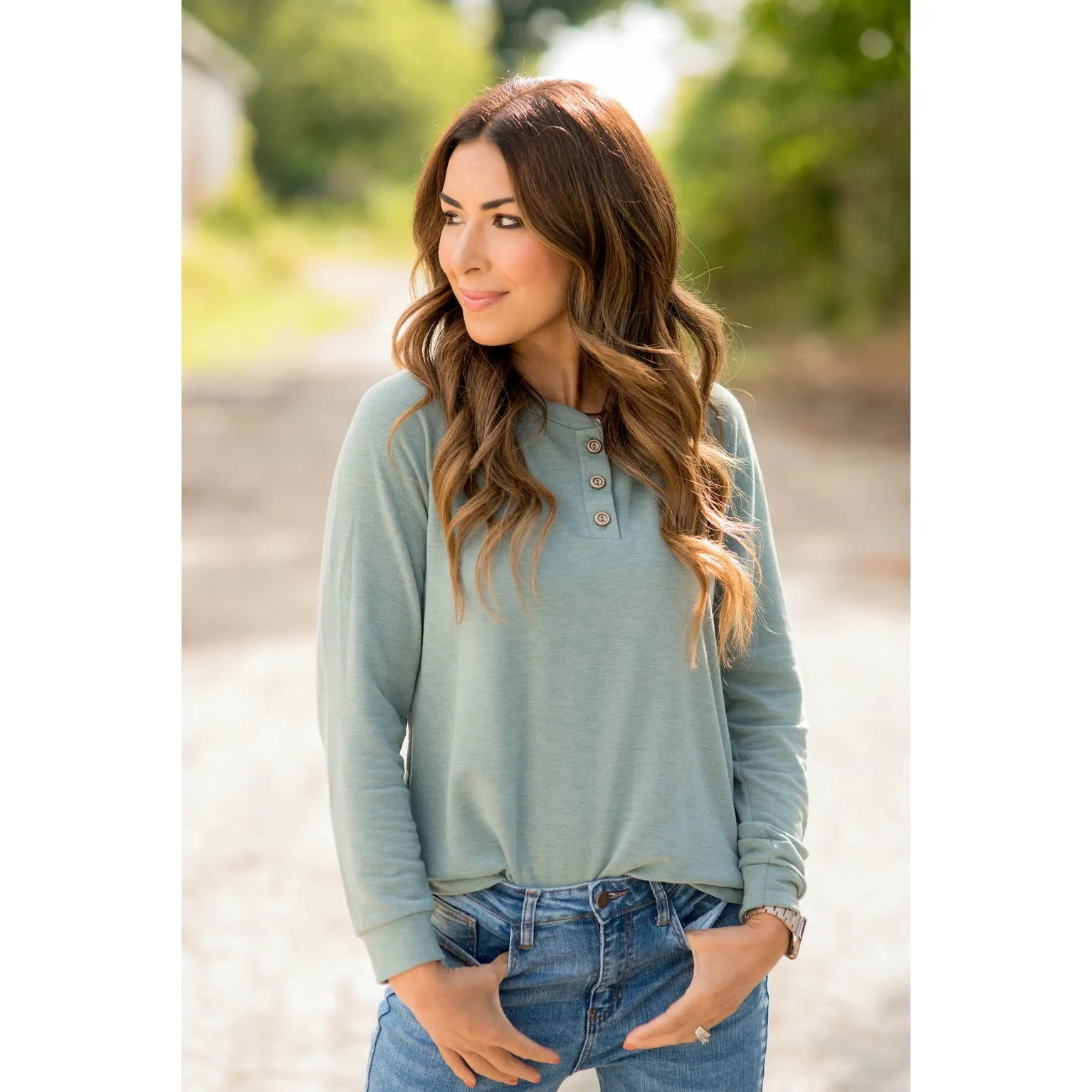 Button Up Heathered Long Sleeve Tee