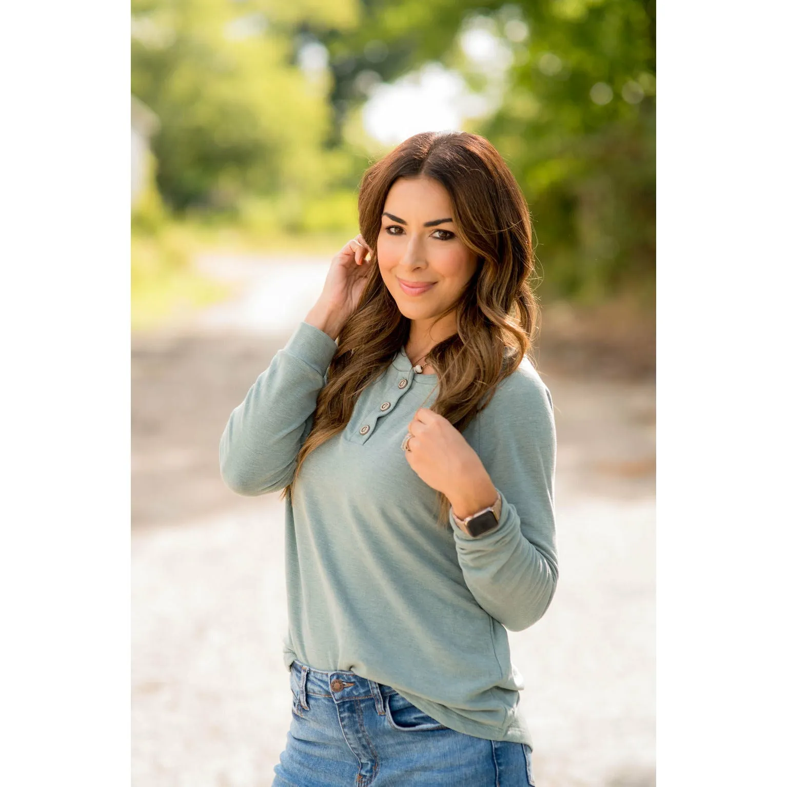 Button Up Heathered Long Sleeve Tee