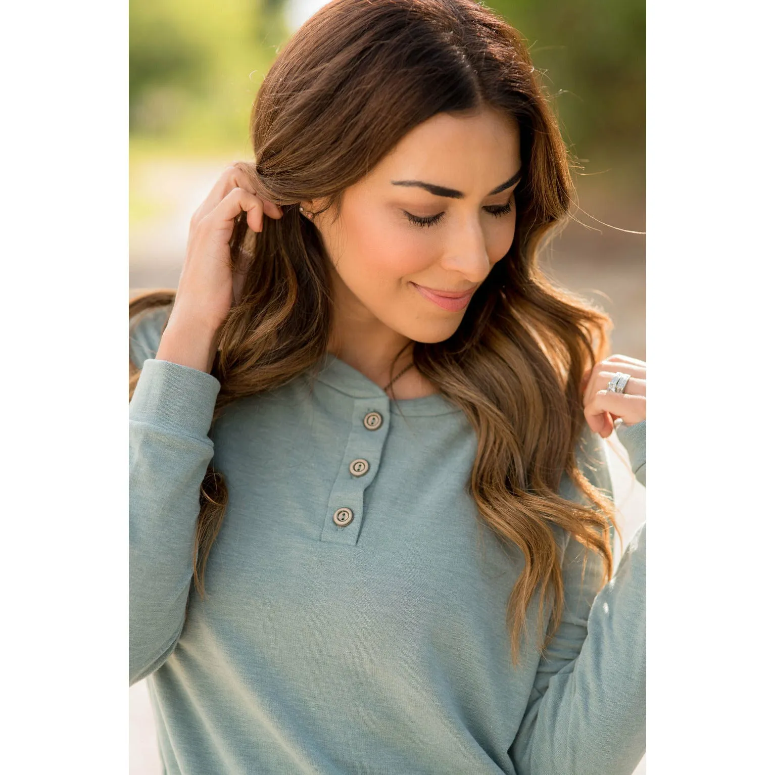 Button Up Heathered Long Sleeve Tee