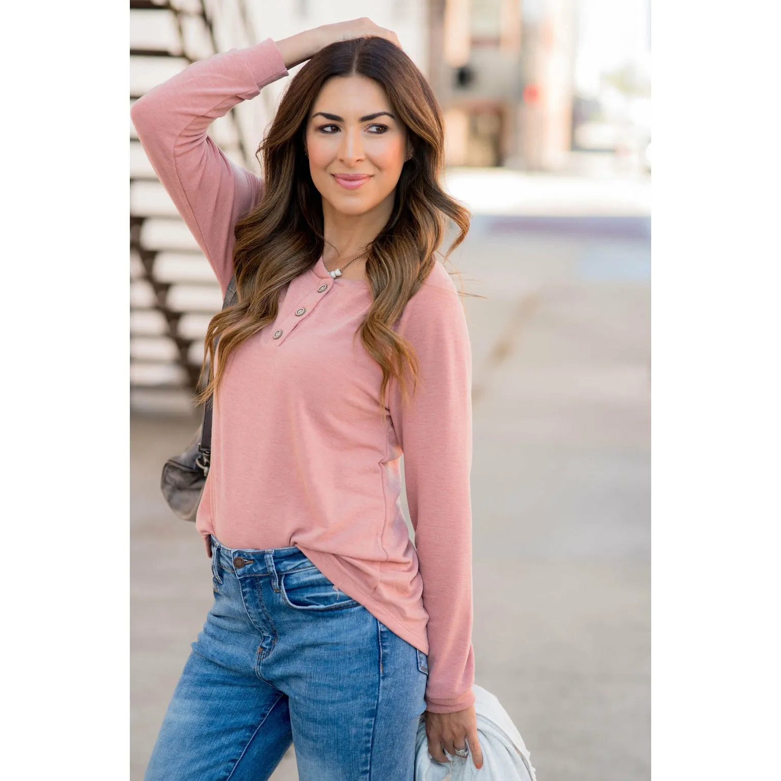 Button Up Heathered Long Sleeve Tee