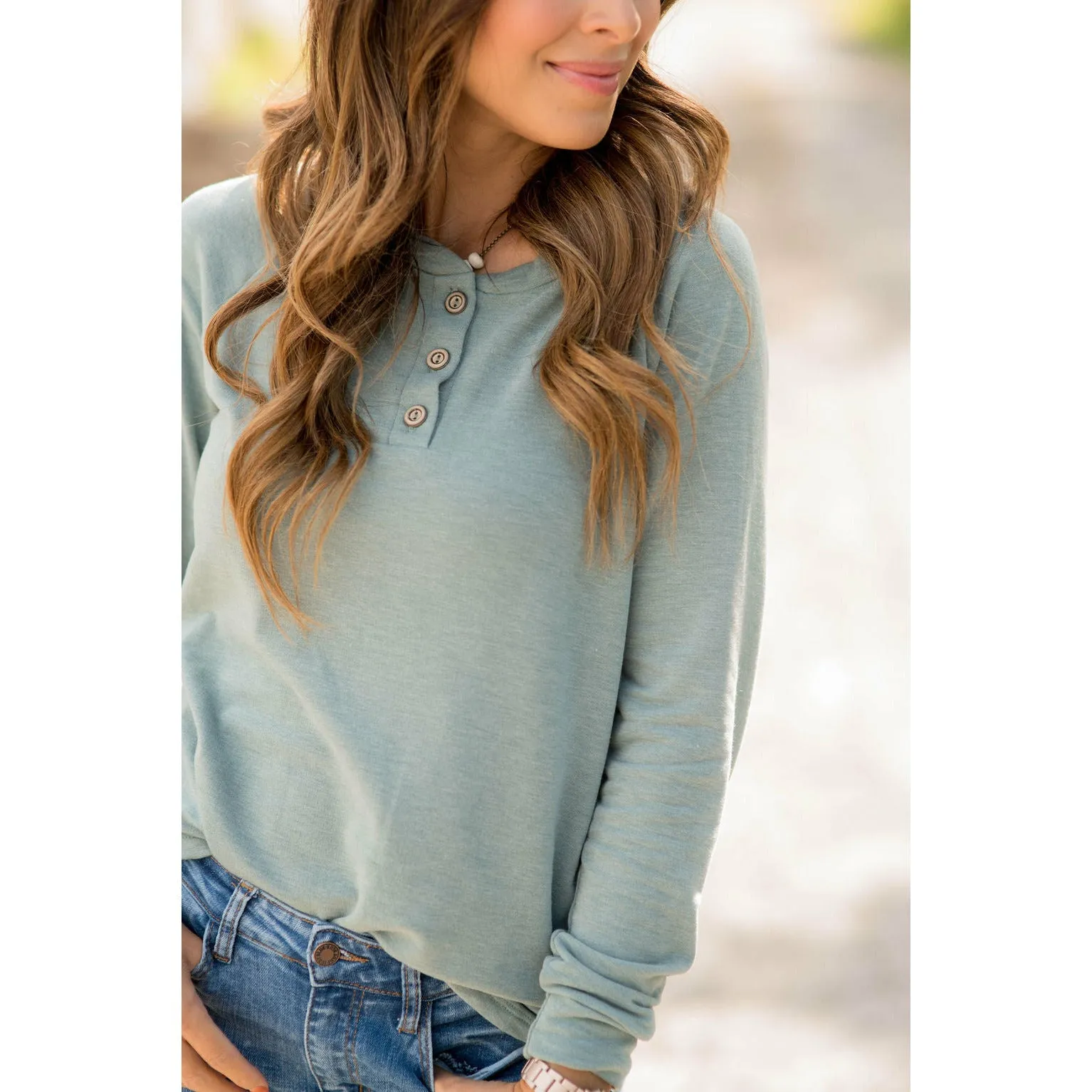 Button Up Heathered Long Sleeve Tee