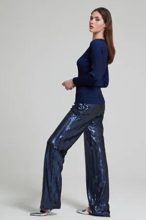 Chevron Sequin Wide-Leg Trouser