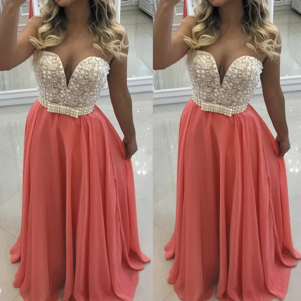 coral prom dresses 2020 sheer neck beaded peals a line chiffon long prom gown 2021 abendkleider