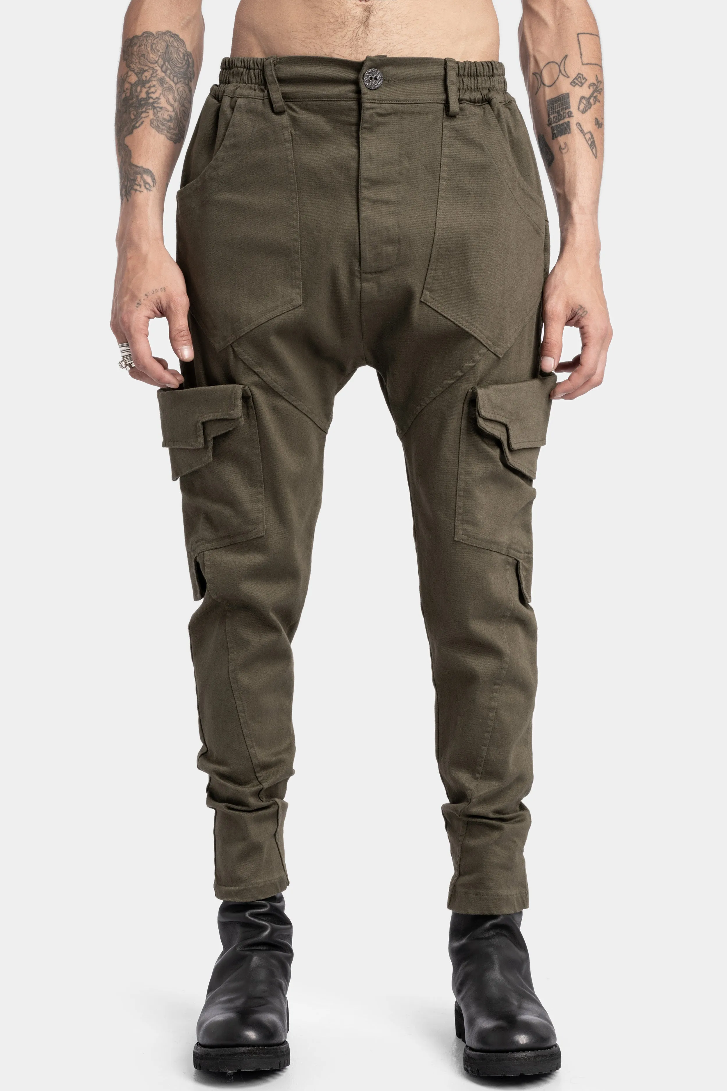 Cotton twill skinny cargo trousers, Military Green