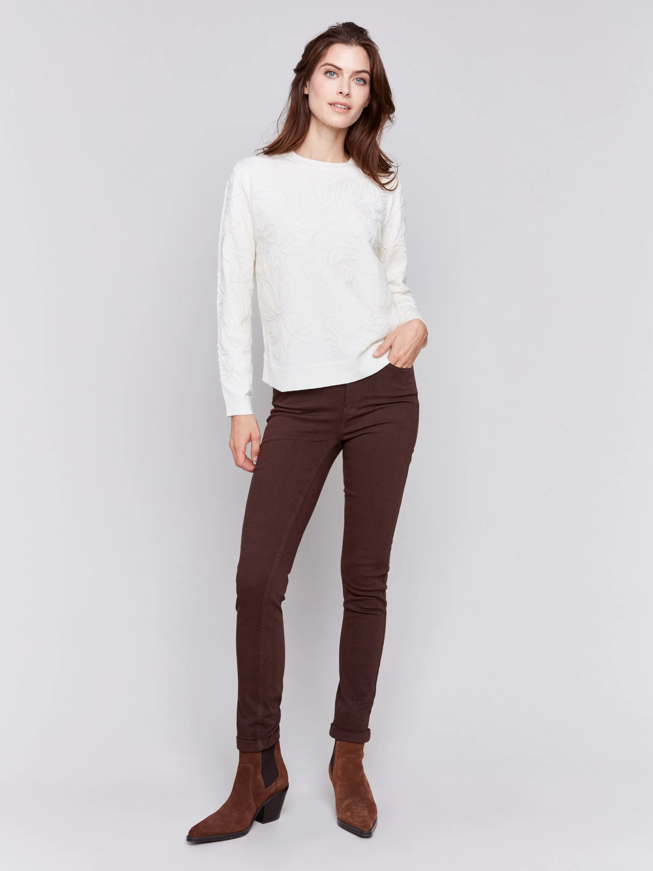 Cuffed Hem Twill Jeans - Mocha