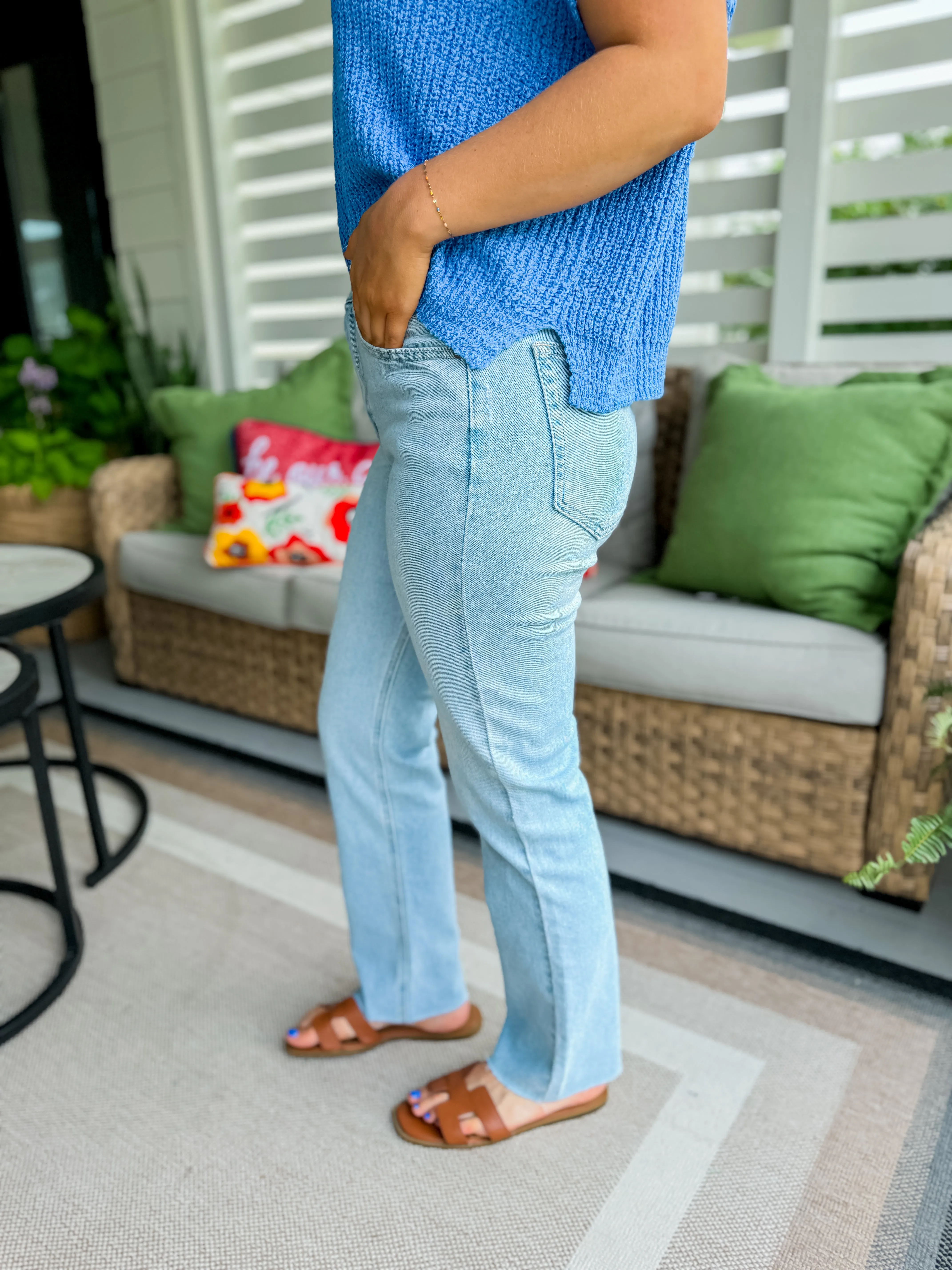 Cut Off Straight Leg Jeans in Light Denim