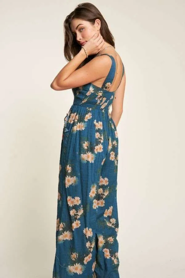 Daisy Smocked Wide Leg Jumpsuit in Midnight Blue