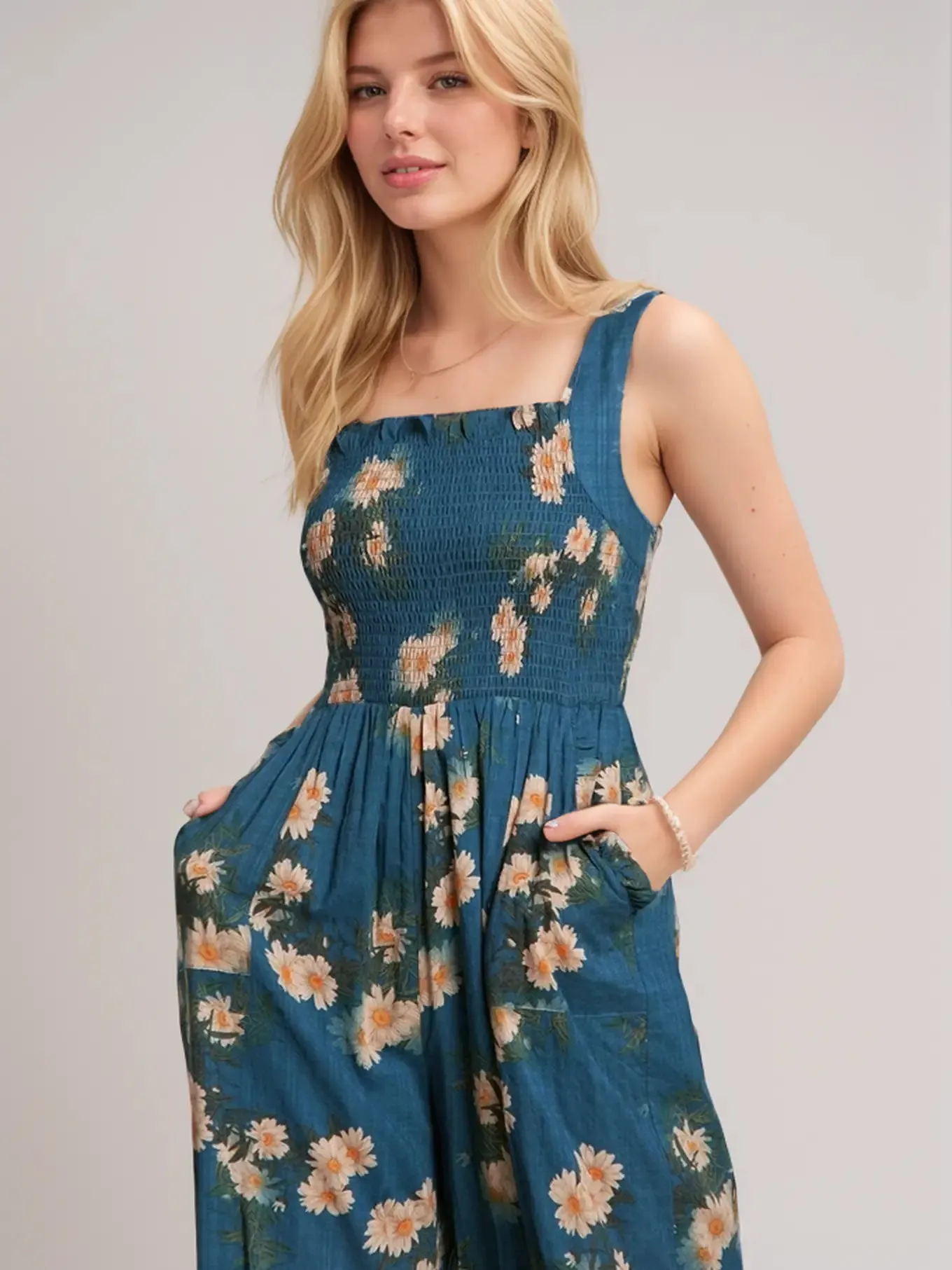 Daisy Smocked Wide Leg Jumpsuit in Midnight Blue