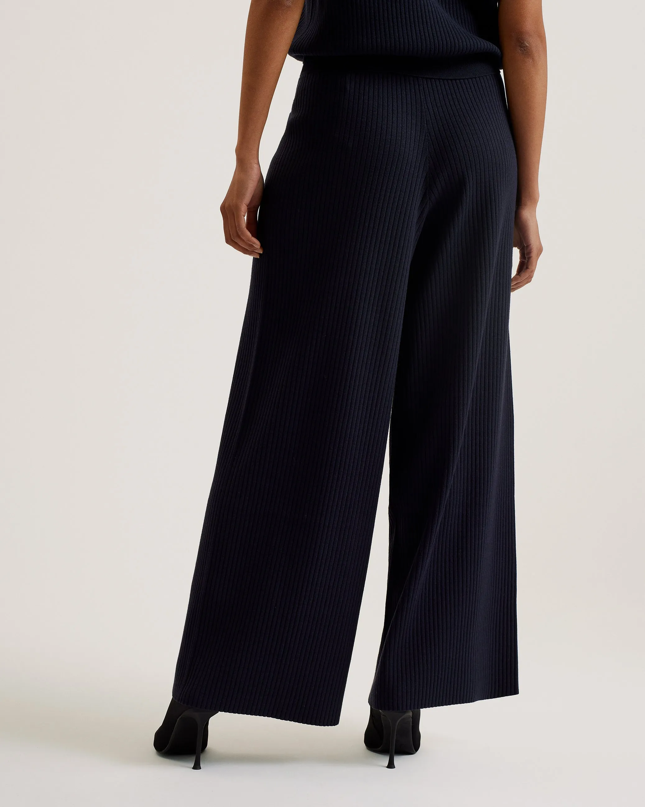 Ellenr Ribbed Knitted High Waist Wide Leg Trousers Navy