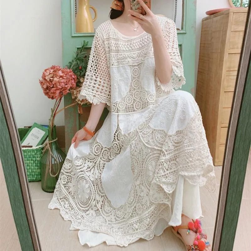 Elsie Mori Girl Sweet Elegant Crochet Lace Long Dress, Sexy Hollow Out Embroidery Midi Dress