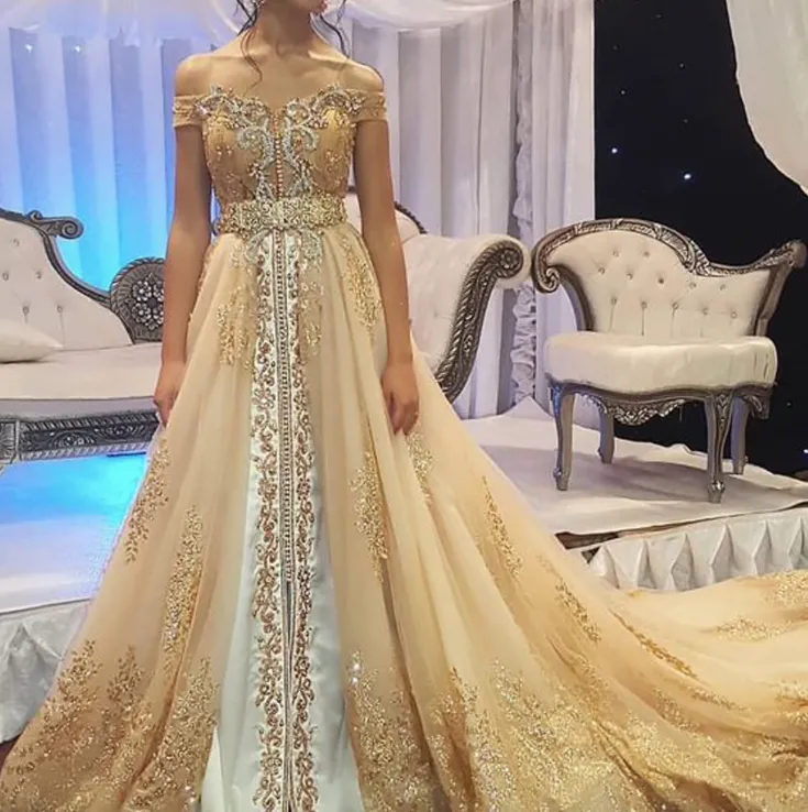 gold lace applique prom dresses 2020 vintage luxury beaded off the shoulder elegant prom gowns