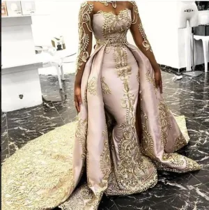 gold lace prom dresses with detachable skirt luxury appliqué elegant vintage prom gown 2021 vestidos de fiesta