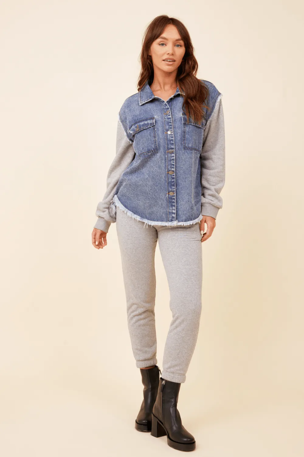 Heathered Grey / Washed Blue Denim Fleece Combo Shacket