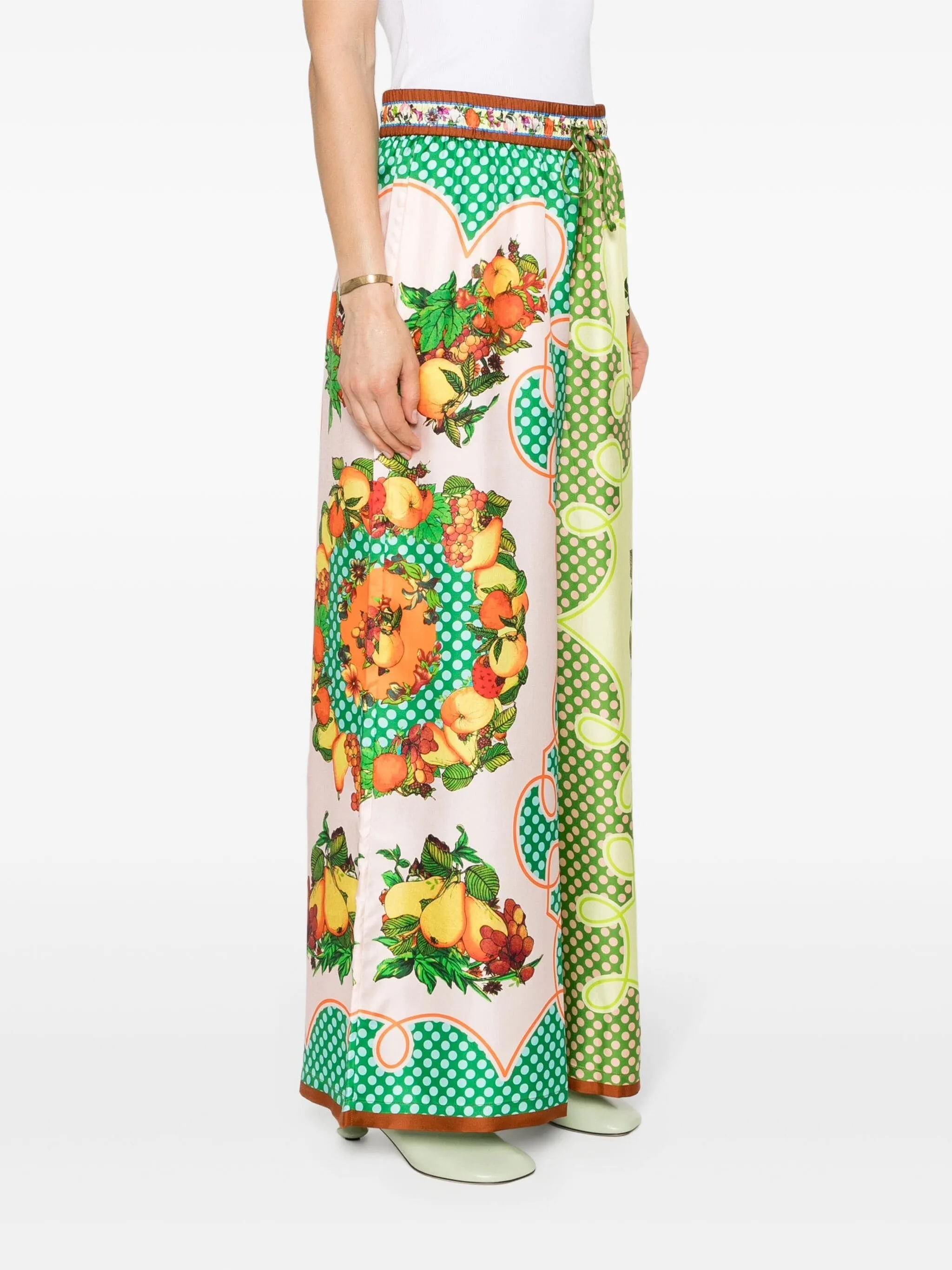 LEMONIS FLORAL AND FRUIT PRINT SILK TROUSERS