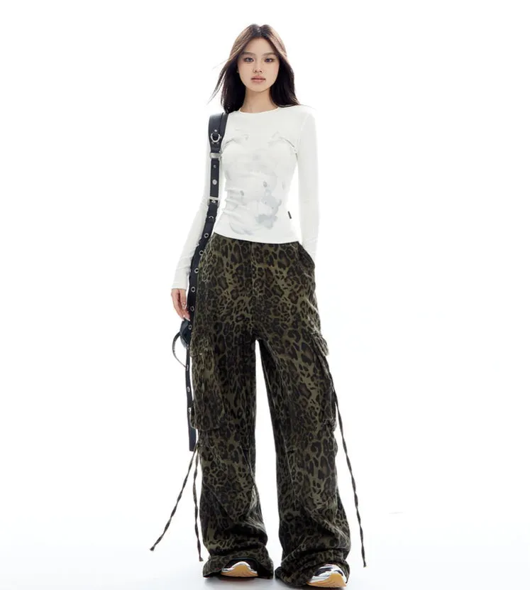 Leopard Print Wide-Leg Drawstring Pants