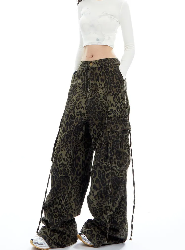 Leopard Print Wide-Leg Drawstring Pants