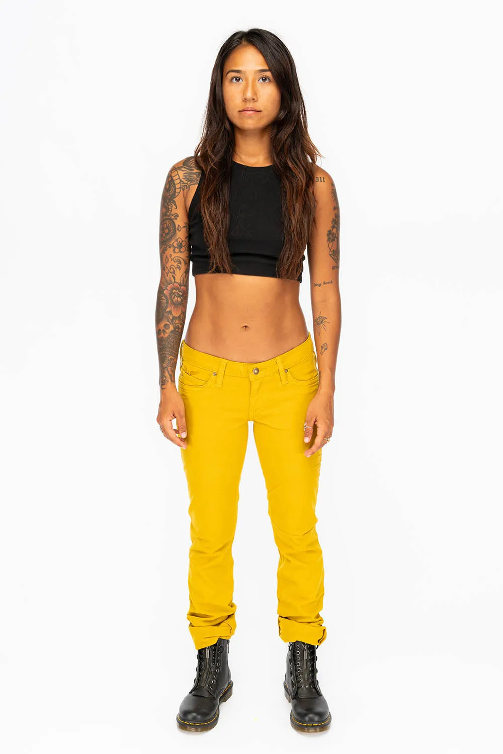 LOW RISE WOMENS JEANS IN YELLOW WITH TONAL WINGS