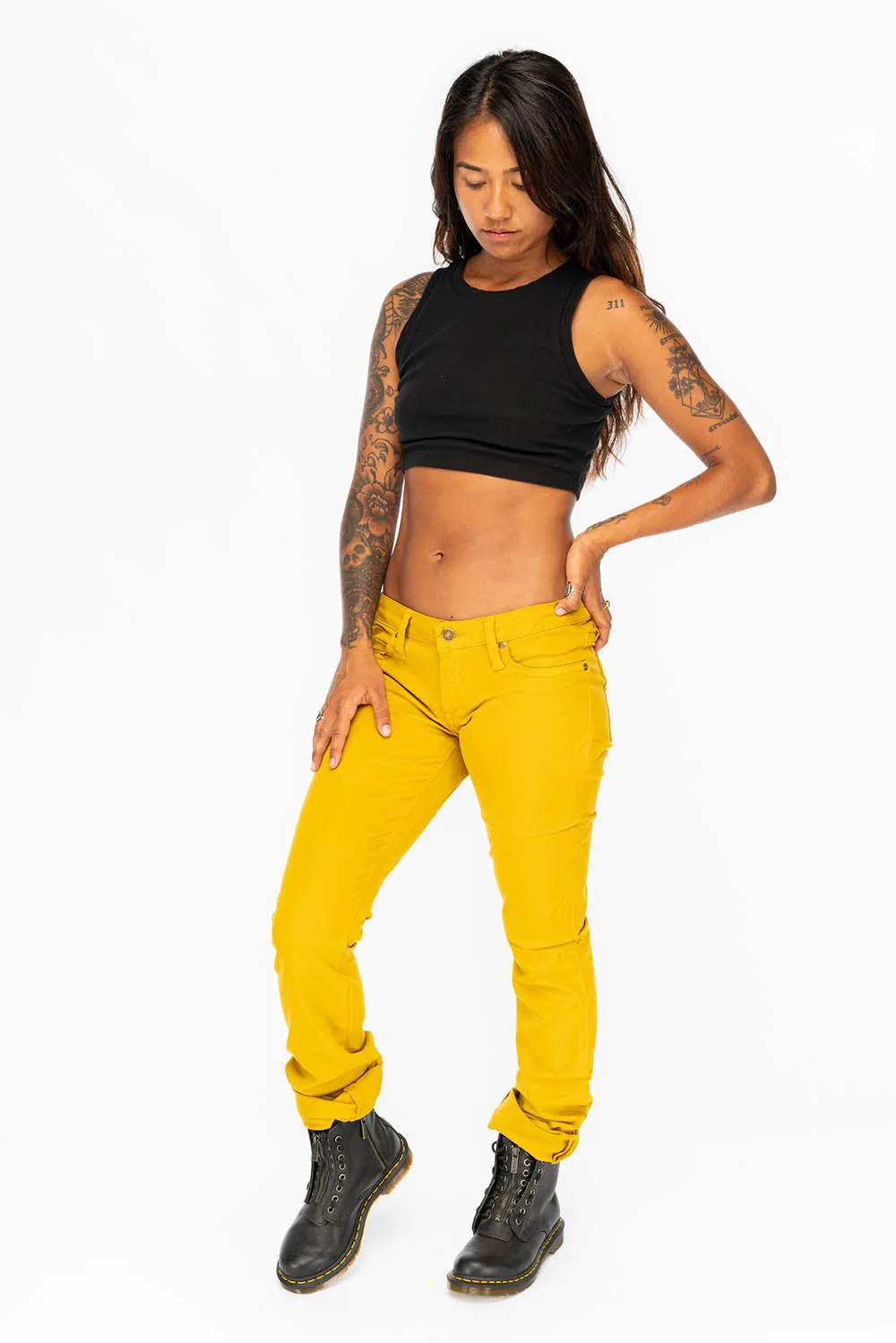 LOW RISE WOMENS JEANS IN YELLOW WITH TONAL WINGS