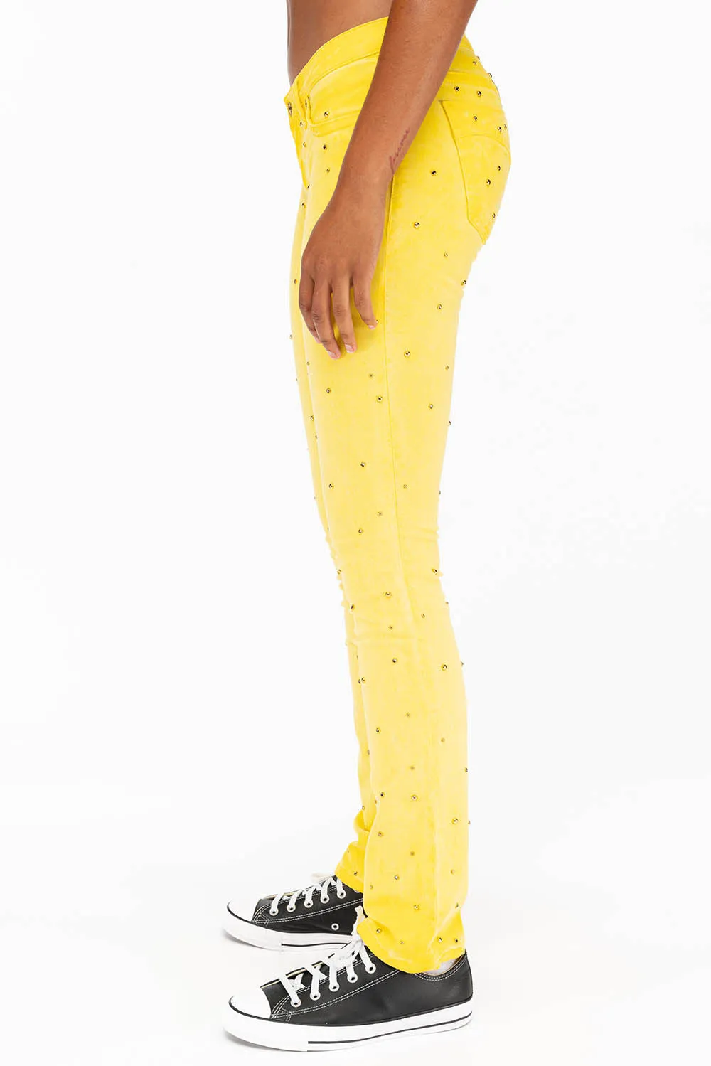 MARILYN LOW RISE WOMENS STUDDED STRAIIGHT LEG JEANS IN OIL YELLOW WITH TONAL WINGS AND CRYSTALS