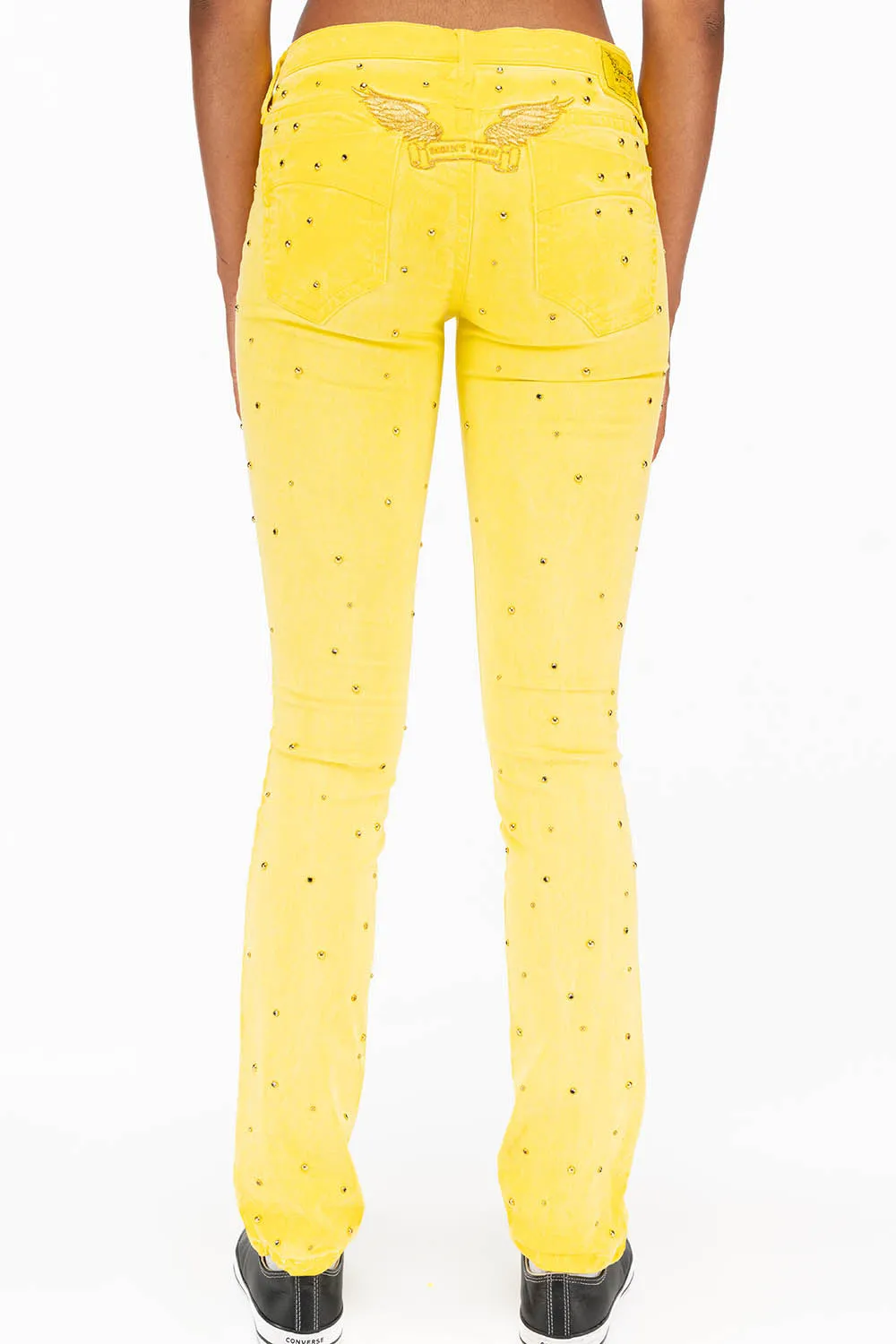 MARILYN LOW RISE WOMENS STUDDED STRAIIGHT LEG JEANS IN OIL YELLOW WITH TONAL WINGS AND CRYSTALS