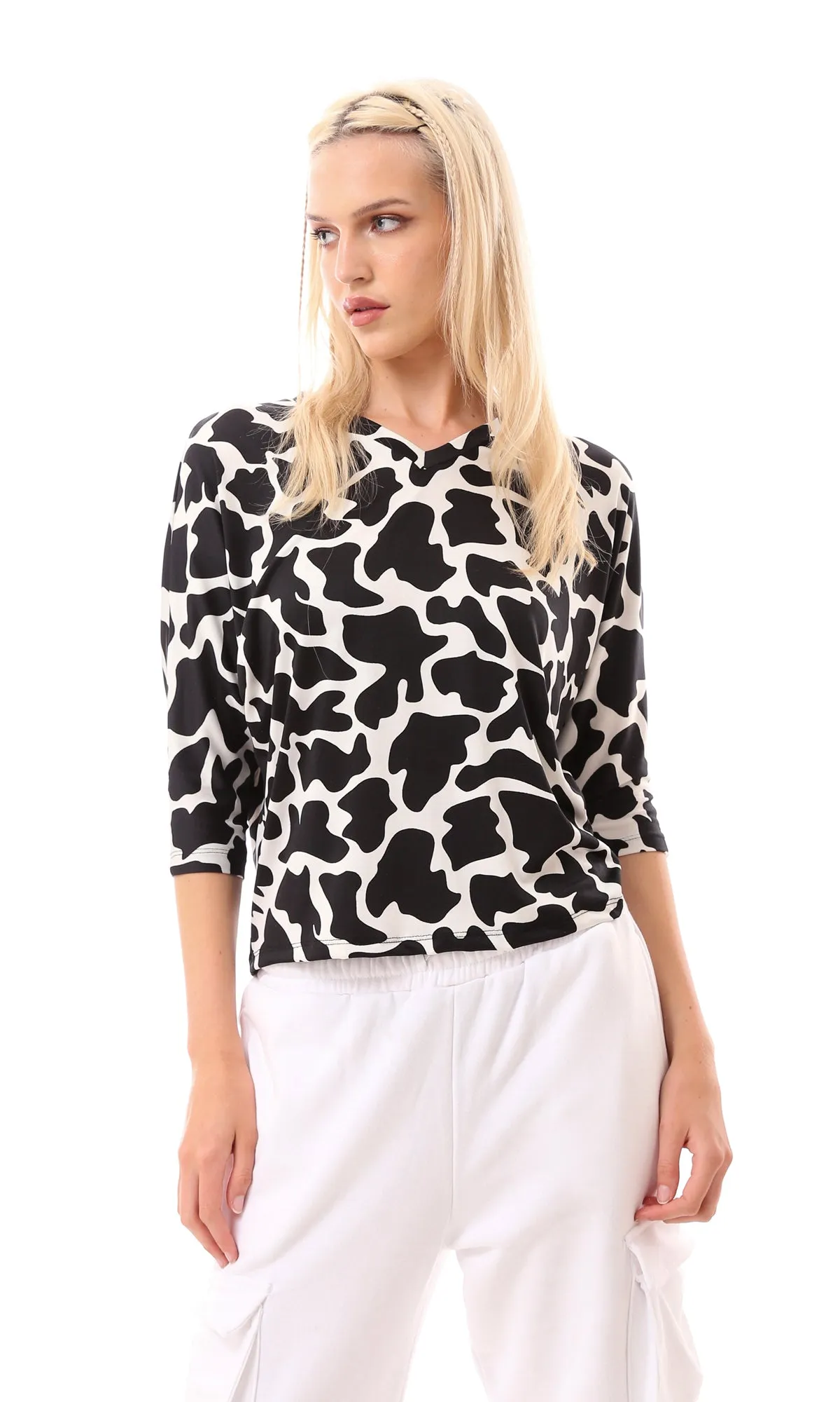 O168675 Bi-Tone Cow Black & White Elbow-Sleeves Blouse