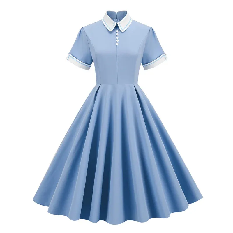 Peter-Pan Collar Button Front Vintage Midi Swing Dress, 50s Retro Pocket Dress