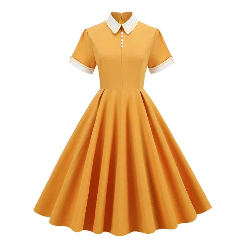 Peter-Pan Collar Button Front Vintage Midi Swing Dress, 50s Retro Pocket Dress