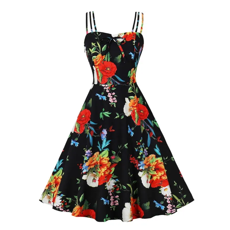 Retro Floral Dress, Spaghetti Strap Bow Front Party Dress