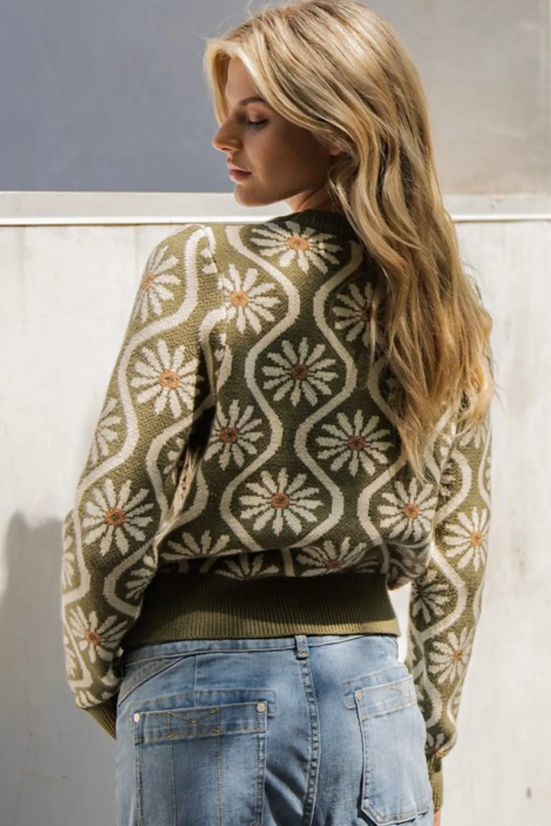 Retro Olive Floral Sweater