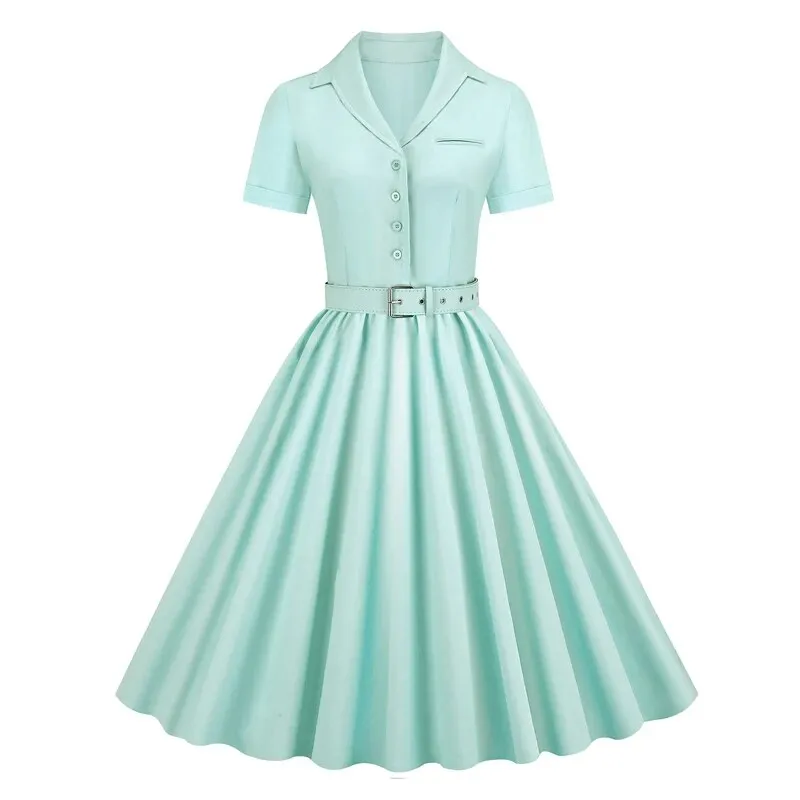 Solid Cotton Button Up Plain Vintage Dress, Short Sleeve Belted Pleated Midi Swing Retro Dress