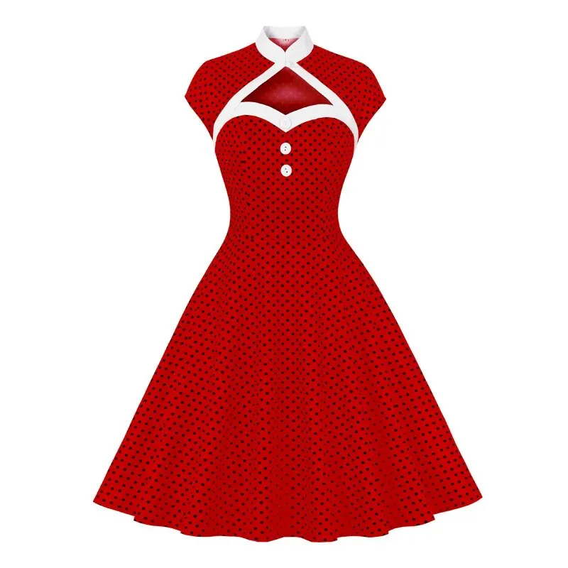 Stand Collar Hollow Out Front Button Evening Party Retro Dress, Cap Sleeve Polka Dot Vintage Dress