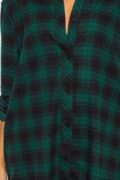 THE MYSTYLEMODE GREEN AND BLACK POCKETED FLANNEL TUNIC DRESS