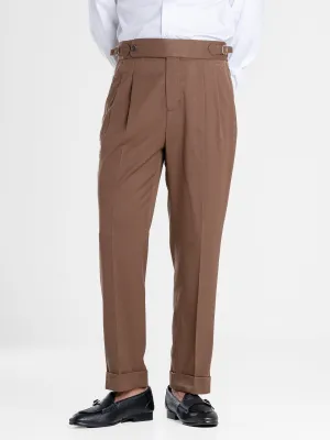 Trousers With Side Adjusters - Brown Plain Cuffed (Stretchable)